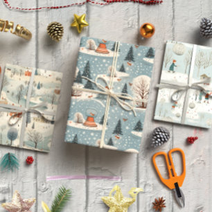 Feuille De Papier Cadeau Jeu de bleu vintage d'hiver de 3