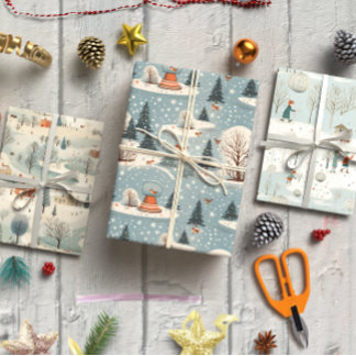 Feuille De Papier Cadeau Jeu de bleu vintage d'hiver de 3