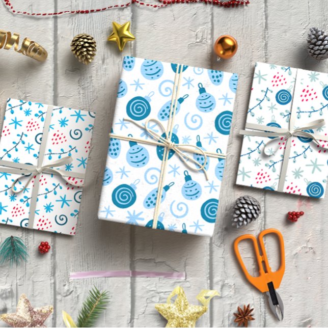 Feuille De Papier Cadeau Jeu de Noël bleu baubles 3 (Christmas baubles blue set of 3 wrapping paper sheet)