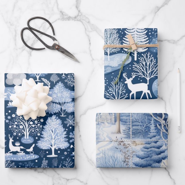 Feuille De Papier Cadeau Jeu de Noël neigeux bleu et blanc (Recto)
