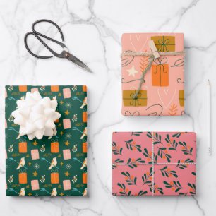 Feuille De Papier Cadeau Jeu de Noël rose vert 3