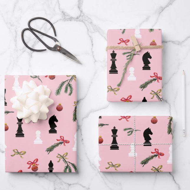 Feuille De Papier Cadeau Jeu d'échecs de Noël Pièces Motif rose (Recto)