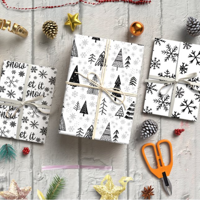 Feuille De Papier Cadeau Jeu minimaliste noir et blanc 3 (Black & White Minimalist set of 3 Wrapping Paper Sheet)