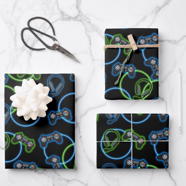 Feuille De Papier Cadeau Jeu vidéo Neon Blue & Green Motif (Recto)