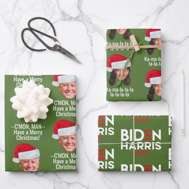 Feuille De Papier Cadeau Joe Biden Kamala Harris Santa Hat Joyeux Noël (Recto)