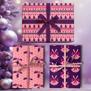 Feuille De Papier Cadeau Joie festive rose et violette de vacances 