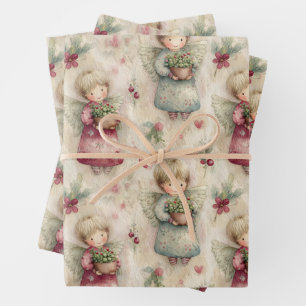 Feuille De Papier Cadeau Joli ange à l'aquarelle Noël Fleurs en pot