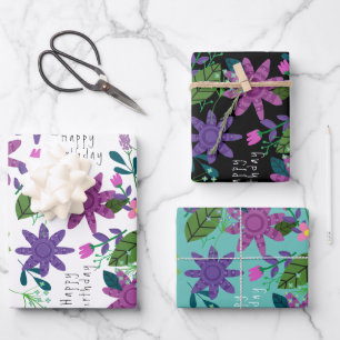 Feuille De Papier Cadeau Joli Anniversaire floral couleur blanc mignon