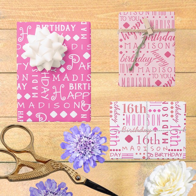 Feuille De Papier Cadeau Joli Anniversaire rose N'Importe Quel Âge Ajouter  (So easy to customize, these typography Birthday wrapping paper sheets will bring WOW to the party.)
