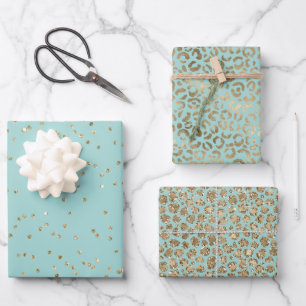 Feuille De Papier Cadeau Joli Aqua Mint Gold Dots étincelants Leopard    