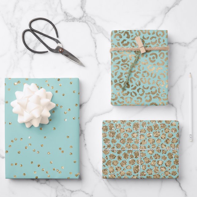 Feuille De Papier Cadeau Joli Aqua Mint Gold Dots étincelants Leopard     (Recto)