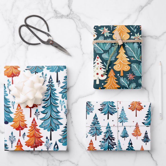 Feuille De Papier Cadeau Joli Aquarelle Arbres de Noël (Recto)