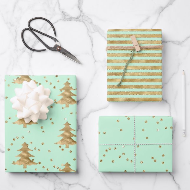 Feuille De Papier Cadeau Joli arbre de Noël Mint Green Gold (Recto)