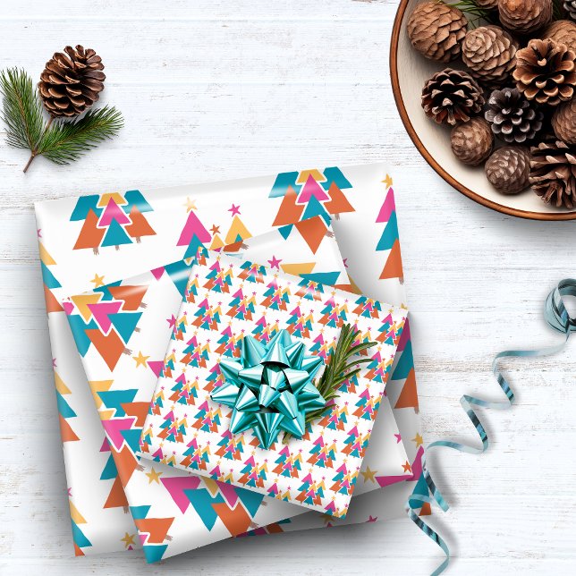 Feuille De Papier Cadeau Joli arbre de Noël rose Turquoise (Cute Colorful Teal Pink Christmas Trees Wrapping Paper Sheets)