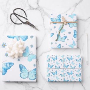 Feuille De Papier Cadeau Joli Bébé Bleu Papillon Floral Design