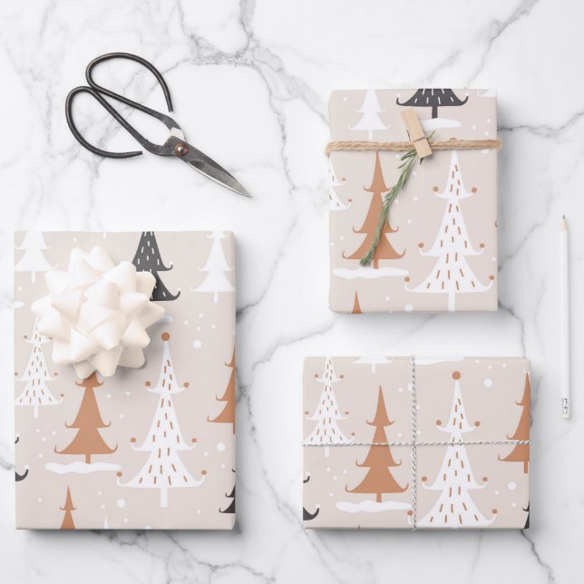 Feuille De Papier Cadeau Joli Boho rose Brown Noël Arbres (Recto)