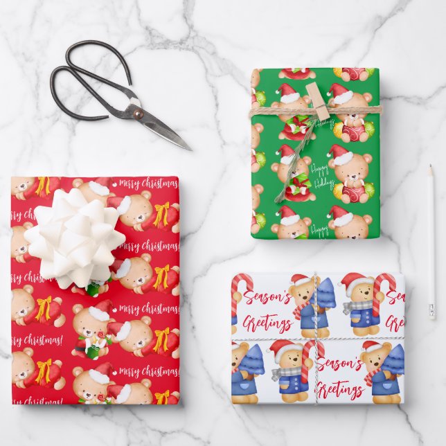 Feuille De Papier Cadeau Joli cadeau d'ours en peluche Noël (Recto)