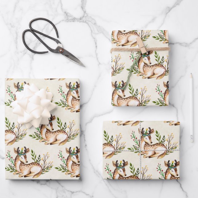 Feuille De Papier Cadeau Joli Cerf Aquarellé Posé En Bas Boho (Recto)