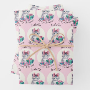 Feuille De Papier Cadeau Joli Chat de Noël Grand Ruban Rose Ajouter Nom