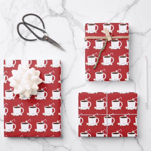 Feuille De Papier Cadeau Joli Chocolat chaud Noël rouge (Recto)