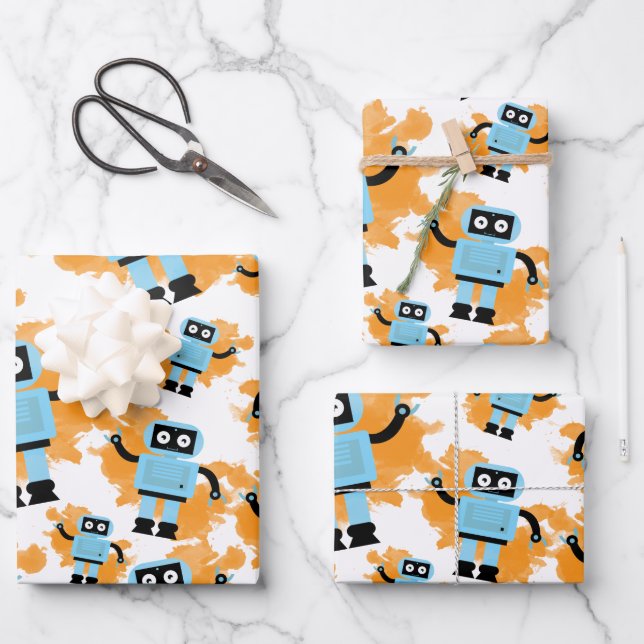 Feuille De Papier Cadeau Joli dessin bleu Robot orange Aquarelle (Recto)