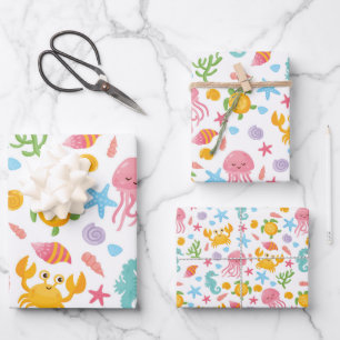 Feuille De Papier Cadeau Joli dessin Ocean Sea Life Seashell, Starfish  