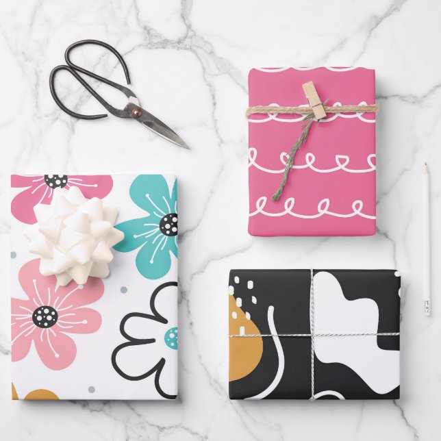 Feuille De Papier Cadeau Joli Doodle Abstrait rayures florales (Recto)
