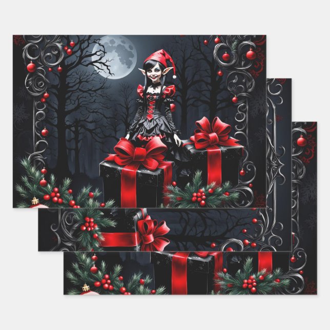 Feuille De Papier Cadeau Joli elfe de Noël gothique. (Lot)
