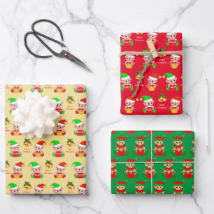 Feuille De Papier Cadeau Joli elfe de Noël sur Beige doré, Vert et Rouge