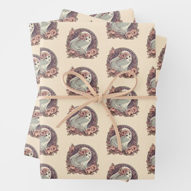 Feuille De Papier Cadeau Joli Fantôme Art Nouveau avec Fleurs Éffrayant (En situation)
