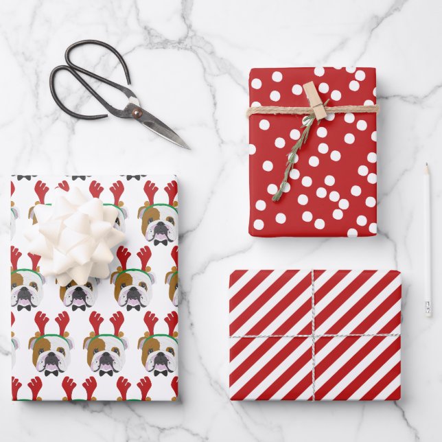 Feuille De Papier Cadeau Joli Français Bulldog & Red Stripé Noël (Recto)