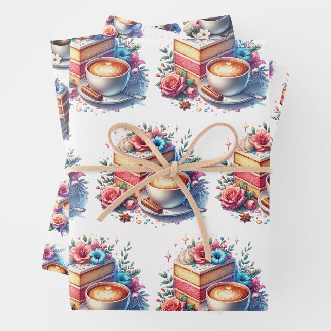 Feuille De Papier Cadeau Joli gâteau d'anniversaire fleuri, café et fleurs (En situation)