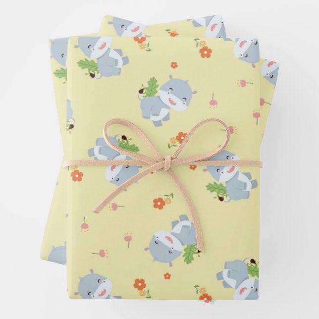 Feuille De Papier Cadeau Joli hippo joyeux avec des fleurs jaune (En situation)