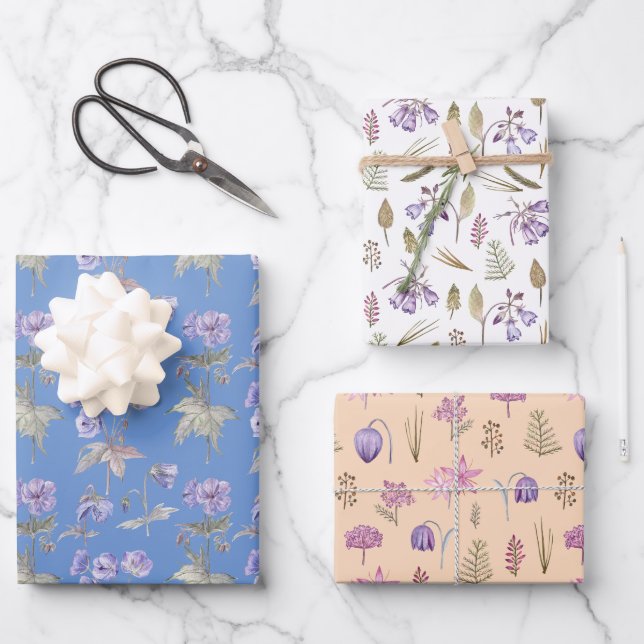 Feuille De Papier Cadeau Joli Jardin Bleu Blanc Orange Fleurs Anglaises (Recto)