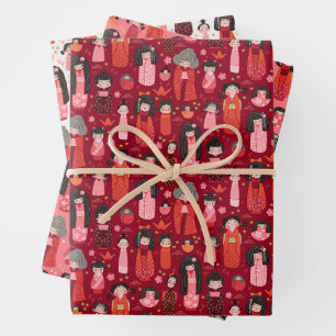 Feuille De Papier Cadeau Joli jeu de Kokeshi japonais illustré de trois
