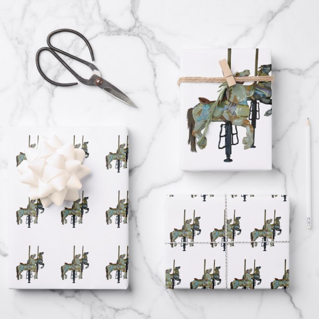 Feuille De Papier Cadeau Joli Joyeux Parcours Carrousel Chevaux (Recto)