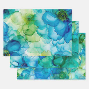 Feuille De Papier Cadeau Joli Liquide `Fleurs d'Encre Fluide Bleu & Vert