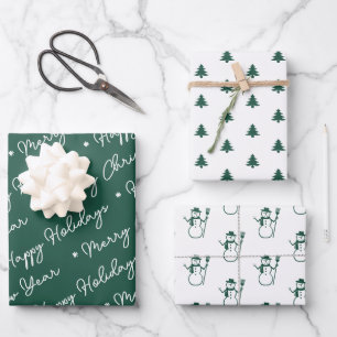 Feuille De Papier Cadeau Joli Moderne Snowman vert Arbres de Noël Script