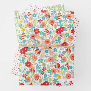 Feuille De Papier Cadeau Joli motif artistique floral rouge corail rose ble