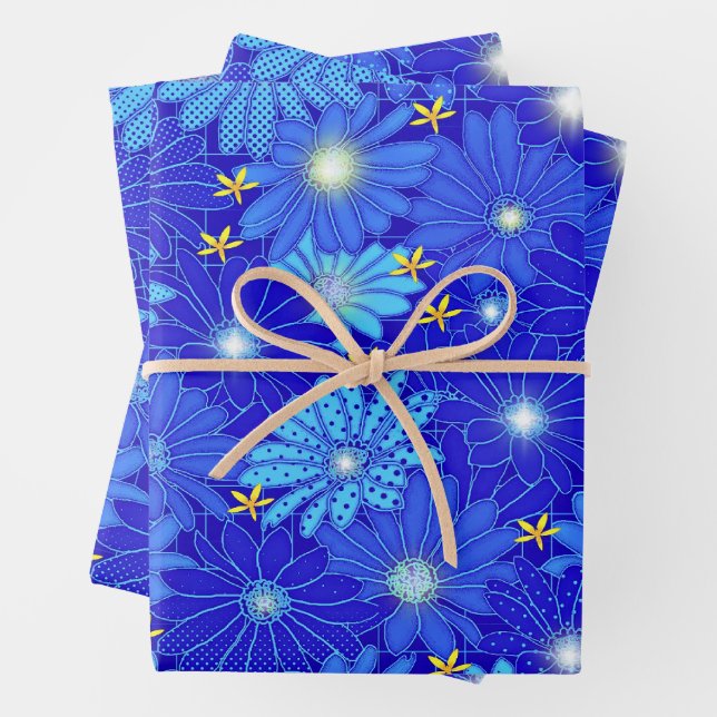 Feuille De Papier Cadeau Joli Motif Blue Daisy (En situation)
