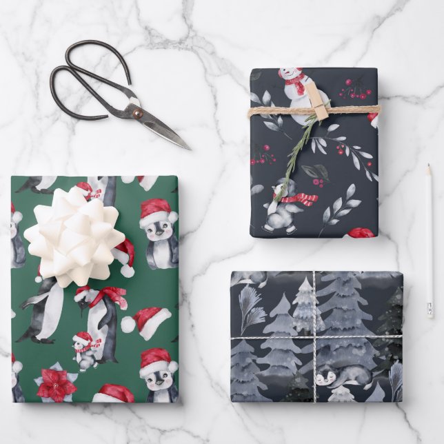 Feuille De Papier Cadeau Joli Motif de Noël Penguin Illustration Enfants (Recto)