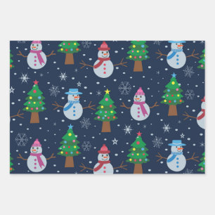 Feuille De Papier Cadeau Joli motif Snowman avec arbres de Noël