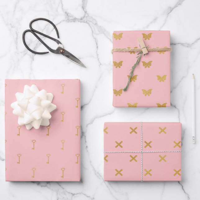 Feuille De Papier Cadeau Joli Motifs rose et or (Recto)