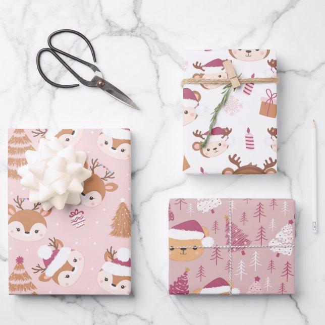 Feuille De Papier Cadeau Joli Noël Animaux Enveloppement Jeu de 3 (Recto)