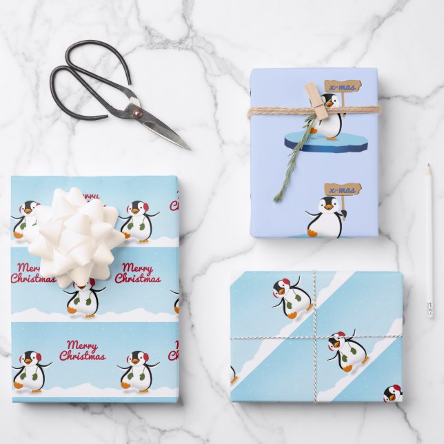 Feuille De Papier Cadeau Joli Noël joyeux de manchot de caricature (Recto)