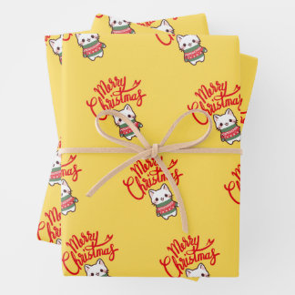 Feuille De Papier Cadeau Joli Noël Kawaii Kitten sur Arrière - plan Jaune