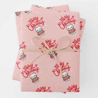 Feuille De Papier Cadeau Joli Noël Kawaii Kitten sur Arrière - plan rouge