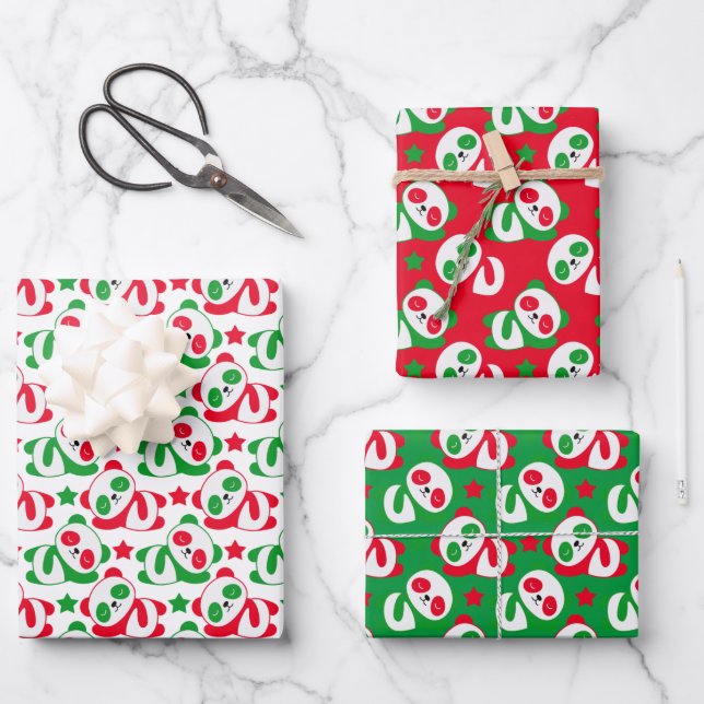 Feuille De Papier Cadeau Joli Noël Panda Ours Enfants Rouge Vert (Recto)