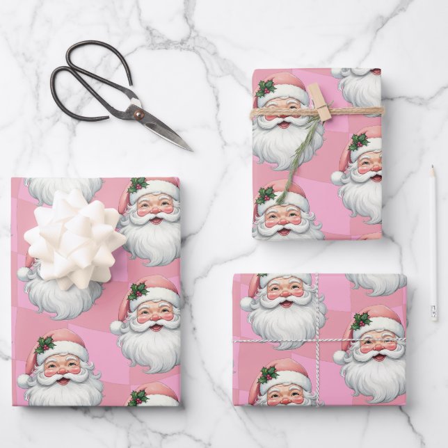 Feuille De Papier Cadeau Joli Noël rose Père Noël (Recto)