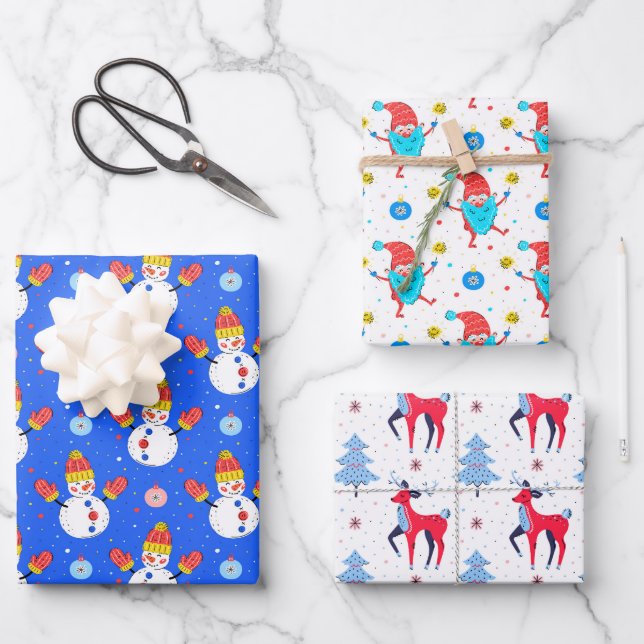 Feuille De Papier Cadeau Joli Noël Whimsical Snowman Père Noël Reindeer (Recto)